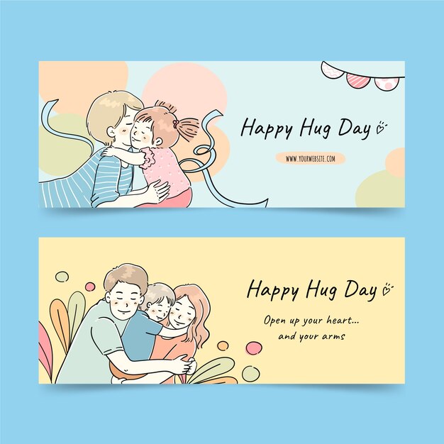 Hand drawn hug day horizontal banners set