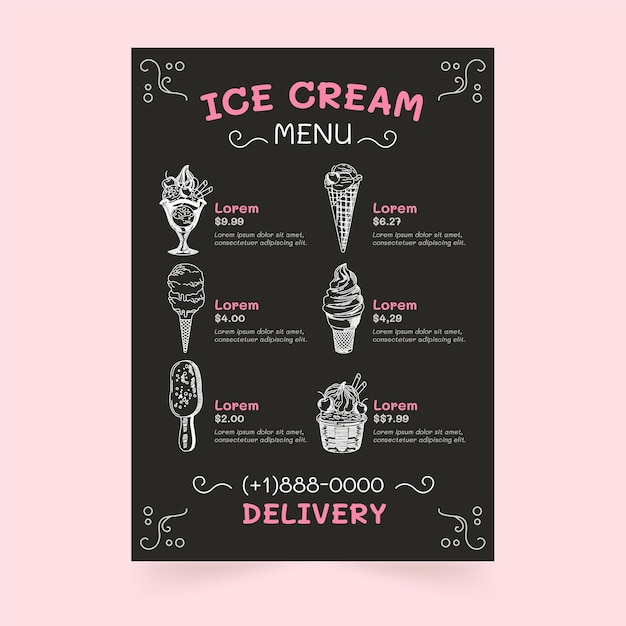 Hand drawn ice cream blackboard menu template