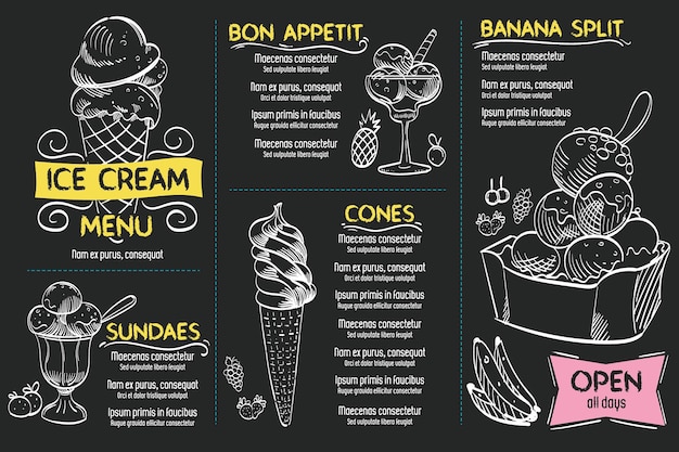 Hand drawn ice cream blackboard menu template