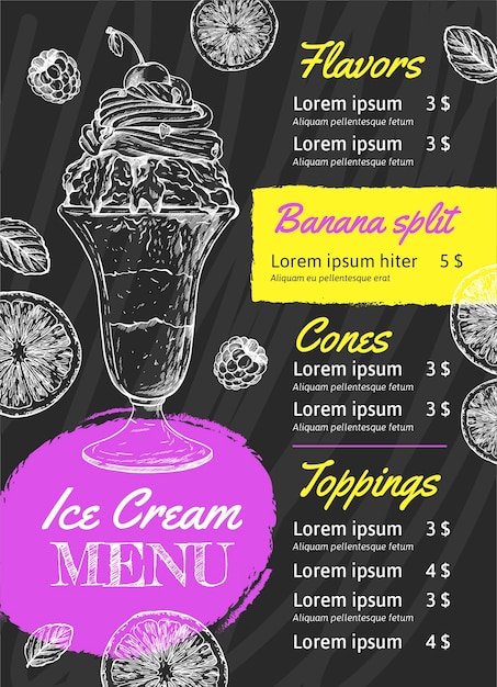 Hand drawn ice cream blackboard menu template