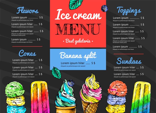 Hand drawn ice cream blackboard menu template