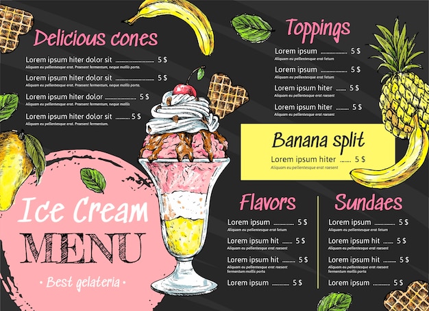 Hand drawn ice cream blackboard menu template