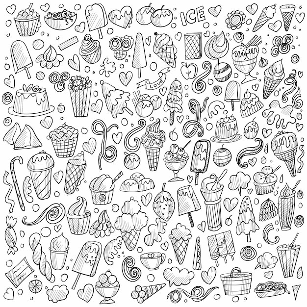 Hand drawn ice cream doodle set background