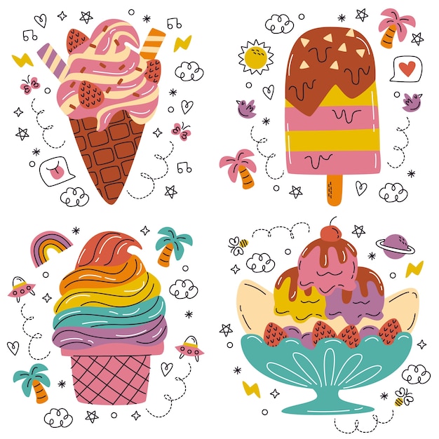 Hand drawn ice cream doodle set