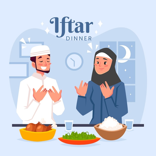 Hand drawn iftar illustration with people having a meal