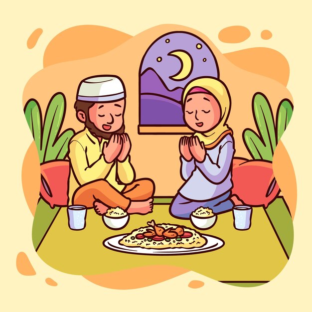 Hand drawn iftar illustration with people praying with food