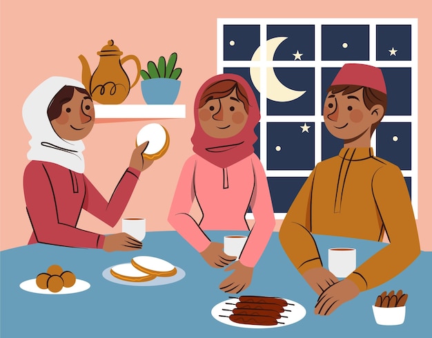 Free Vector hand drawn iftar illustration with people