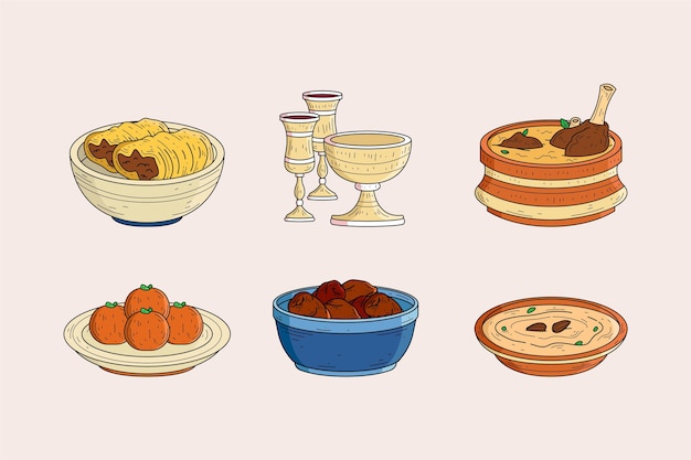 Hand drawn iftar meal elements collection