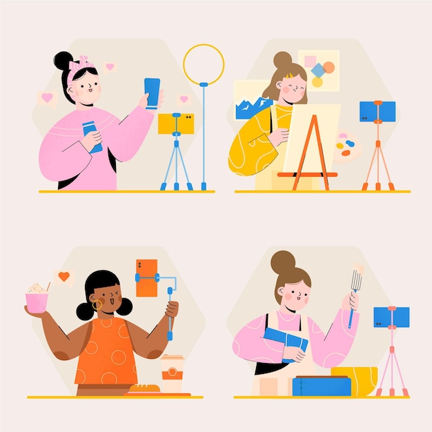 Hand drawn illustrated bloggers filming