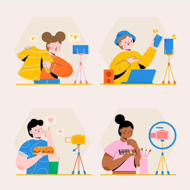 Hand drawn illustrated bloggers filming