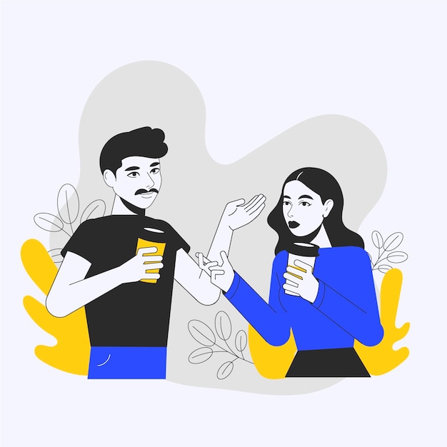 Hand drawn illustrated people with hot drinks