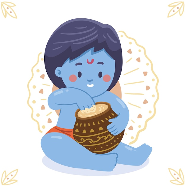 Free vector hand drawn illustration of baby krishna eating butter