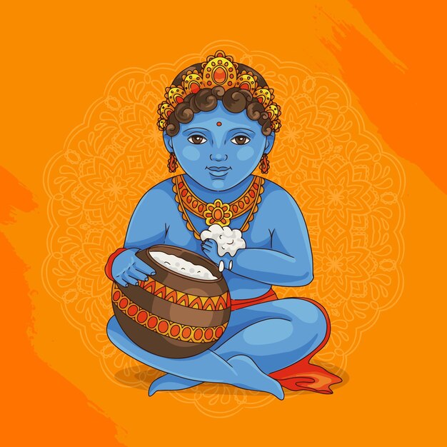 Hand drawn illustration of baby krishna eating butter