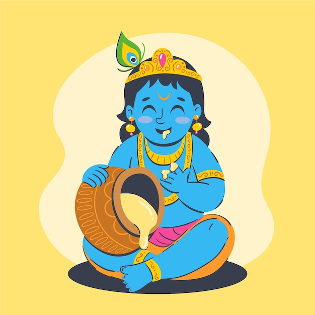 Free vector hand drawn illustration of baby krishna eating butter