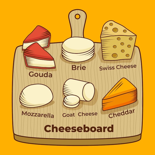 Hand drawn illustration cheeseboard with names