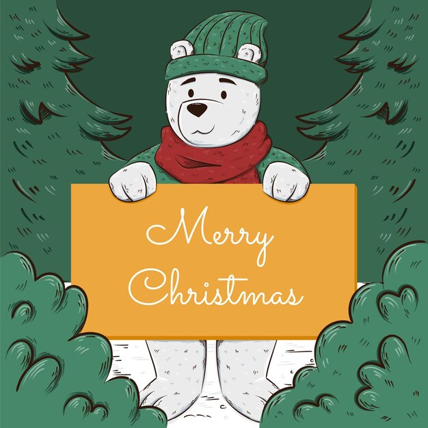 Hand drawn illustration of christmas character holding blank banner