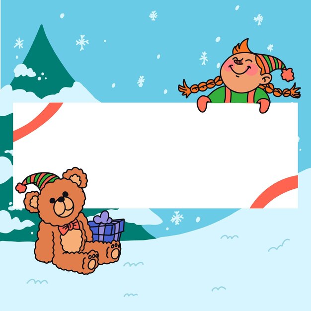 Hand drawn illustration of christmas character holding blank banner