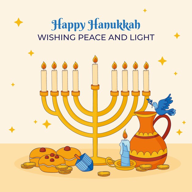 Hand drawn illustration for hanukkah celebration with menorah and candle