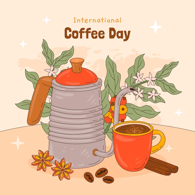 Hand drawn illustration for international coffee day celebration