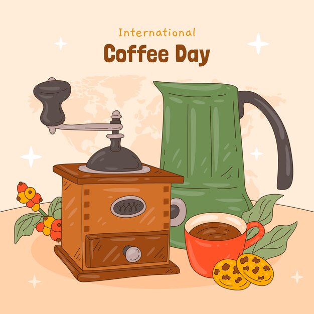 Hand drawn illustration for international coffee day celebration