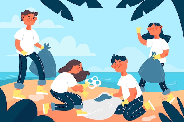 Free Vector hand drawn illustration of people cleaning beach