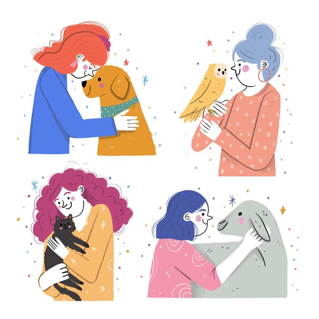 Hand drawn illustration of people with pets