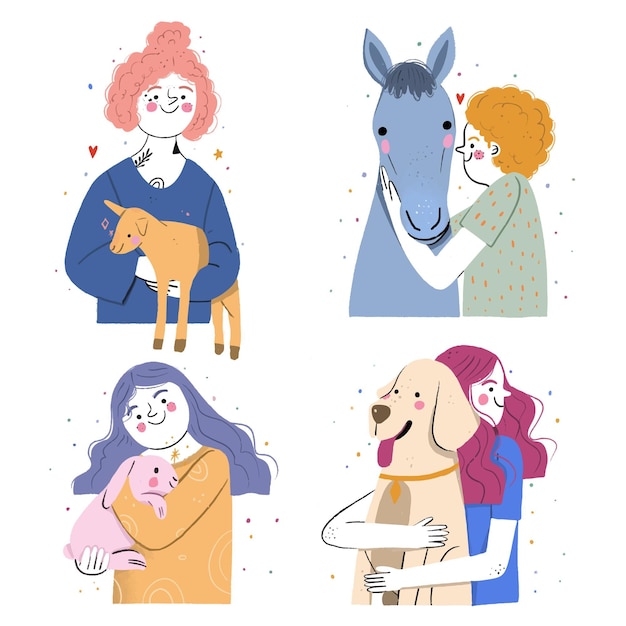 Free Vector hand drawn illustration of people with pets