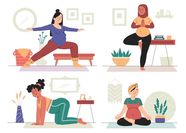 Hand drawn illustration pregnancy yoga collection