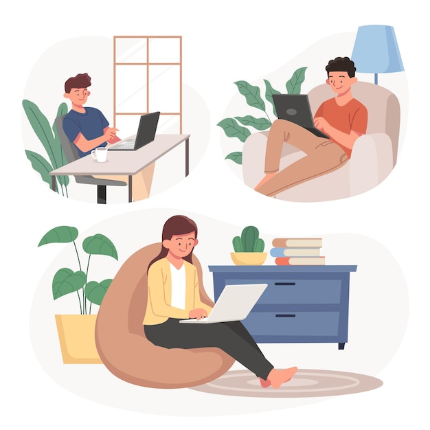 Hand drawn illustration remote working scenes