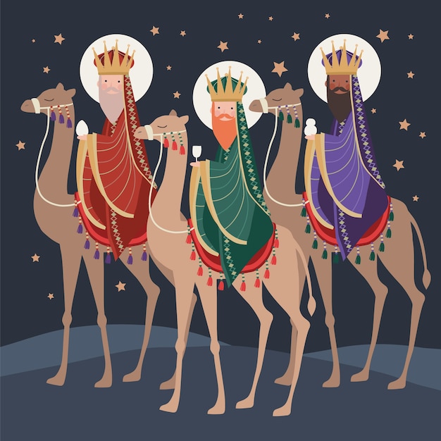 Free Vector hand drawn illustration of reyes magos arriving to the nativity scene