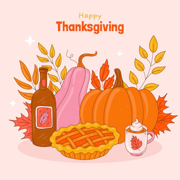 Free Vector hand drawn illustration for thanksgiving with pie and wine bottle