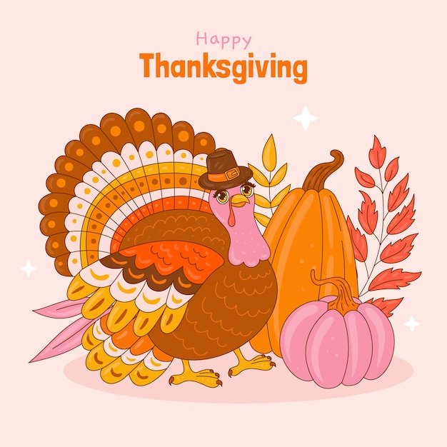 Free Vector hand drawn illustration for thanksgiving with turkey and pumpkins