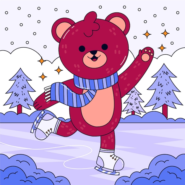 Free Vector hand drawn illustration for winter season with teddy bear ice skating