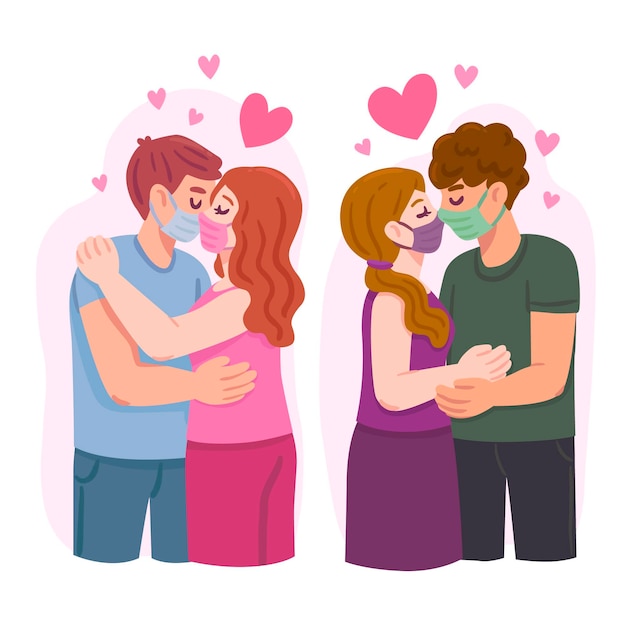 Hand drawn illustration with couples kissing with covid mask