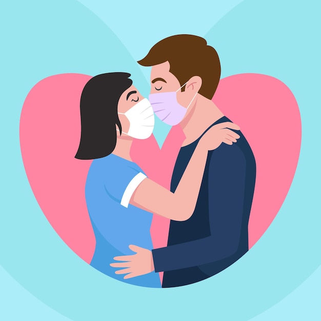 Hand drawn illustration with couples kissing with covid mask