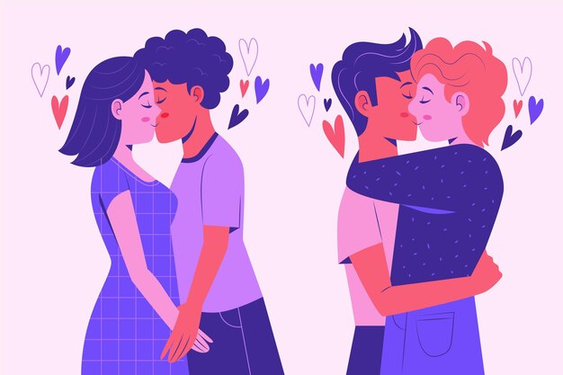 Hand drawn illustration with couples kissing