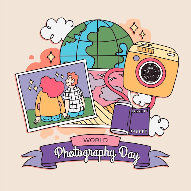 Hand drawn illustration for world photography day celebration