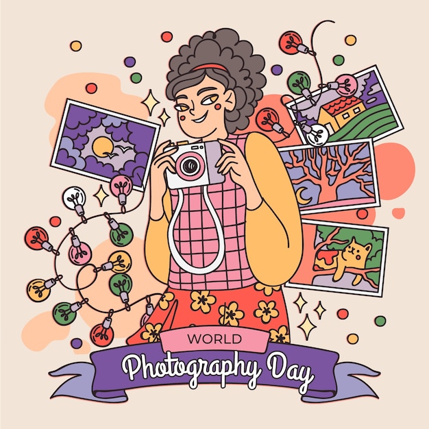 Hand drawn illustration for world photography day celebration