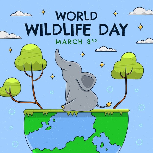 Hand drawn illustration for world wildlife day with flora and fauna