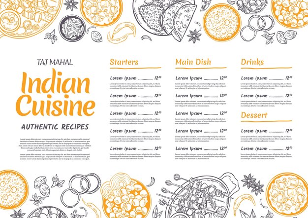 Hand drawn indian menu template