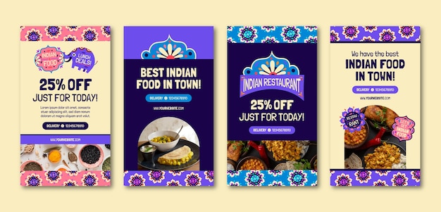 Free vector hand drawn indian restaurant instagram stories