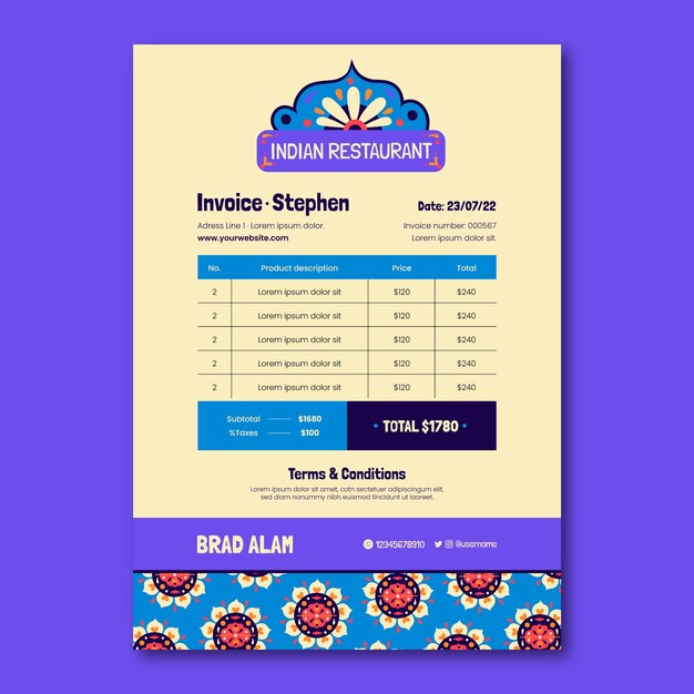 Hand drawn indian restaurant invoice template