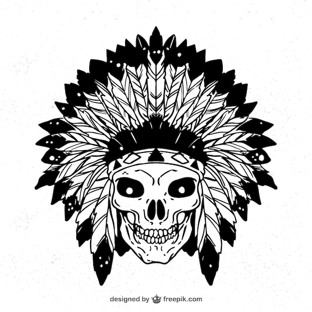 Hand drawn indian skull with feathers