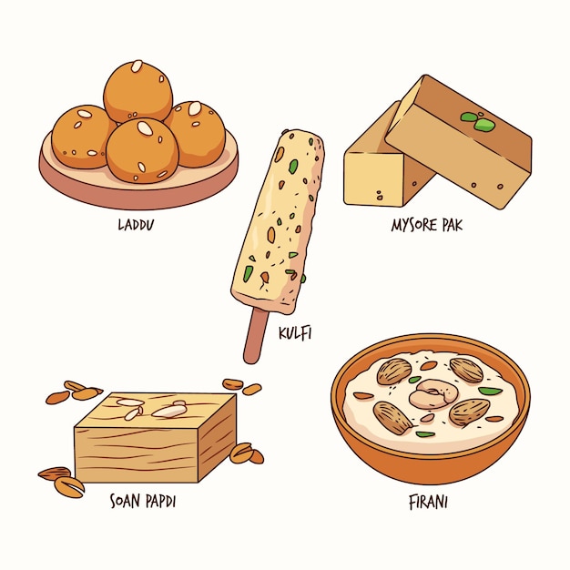 Free vector hand drawn indian sweet collection