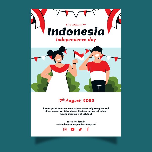 Hand drawn indonesia independence day poster template with people holding flag and saluting