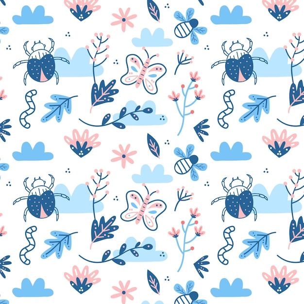 Hand drawn insects and flowers pattern template