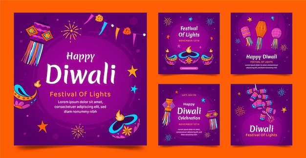 Free Vector hand drawn instagram posts collection for diwali festival celebration