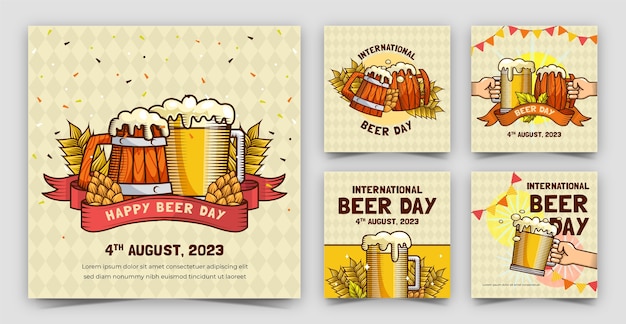 Free Vector hand drawn instagram posts collection for international beer day celebration