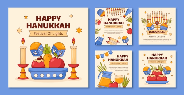 Free vector hand drawn instagram posts collection for jewish hanukkah holiday