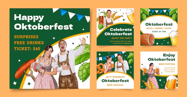 Hand drawn instagram posts collection for oktoberfest festival